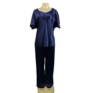 My-Bodhi Women’s Navy Satin Silk Shirt & Pants Set Loose Fit Chic  Sz L/XL